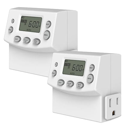 ENERLITES Heavy Duty Programmable Digital Plug-in Timer for Electrical Outlets, Timer Outlet for Lights, Lamps, Grounded Outlet, 7 Day Random, 120V 15A 1200W, HET07, White, 2 Pack