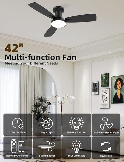 Homlit 42 inch Smart Ceiling Fan with Light, Low Profile Flush Mount with Remote Control, Ultra-Quiet Reversible DC Motor, 3 Color Temperatures & 6 Speed Dimmable Lighting for Bedroom, Black
