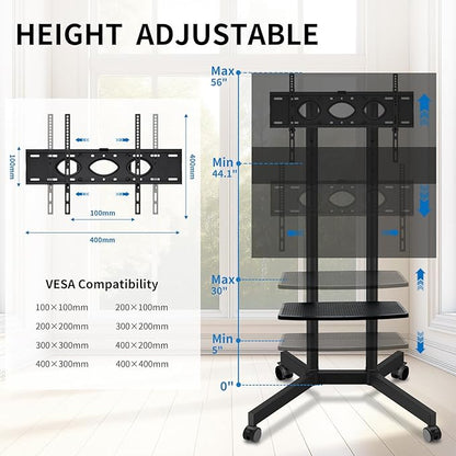 Solid Grace Rolling TV Stand with Wheels for 32-75 Inch TVs up to 88lbs, Portable TV Stand with Shelf, Mobile TV Cart for Living Room, Office, Meeting Room, Outdoor