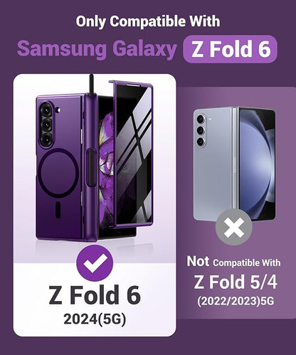 BERFY Magnetic for Samsung Galaxy Z Fold 6 Case with Privacy Screen Protector, [Compatible with MagSafe][Anti Spy] Built-in S Pen Holder & Kickstand, Full-Body Shockproof Case for Z Fold 6, Purple