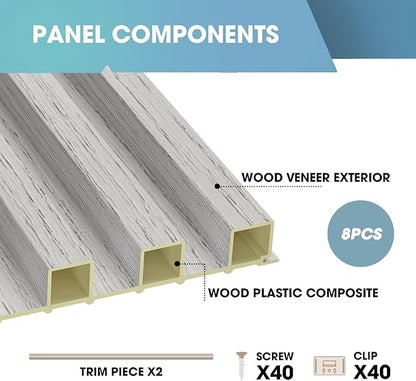 OUZUGIE WPC Acoustic Slat Wall Paneling, 8-Pack 114 x 6 Inches 3D Wall Panels for Interior Wall Decor,Living Room,TV Background,Study Room,Office Spaces,Bedroom,High Grille (Grey)