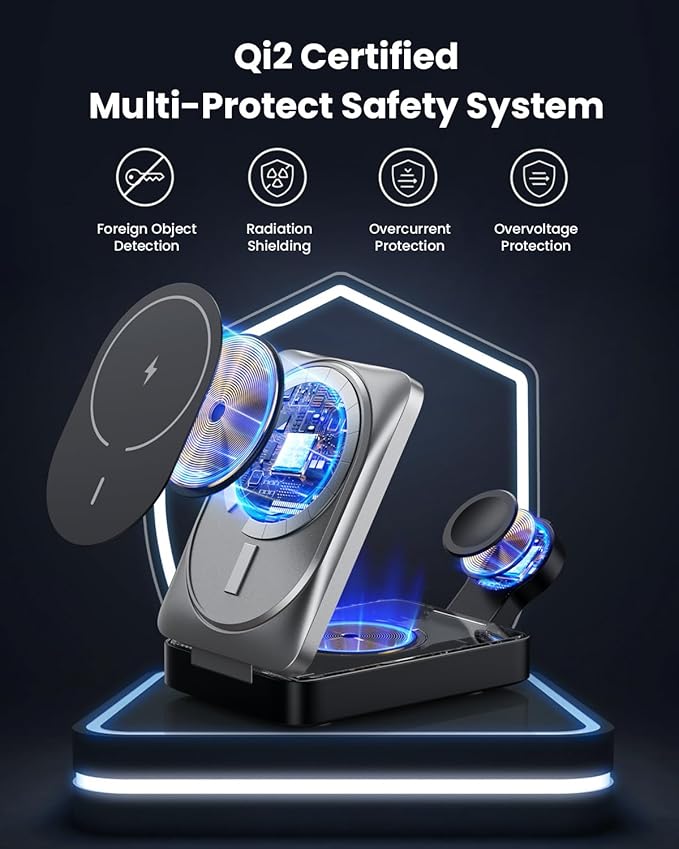 3-in-1 Wireless Charger Charging Station for iPhone, Qi2 Certified 15W Fast Charging Foldable Magnetic Charger Stand with 30W USB C Adapter for MagSafe iPhone 16/15/14/13/12, Apple Watch, AirPods