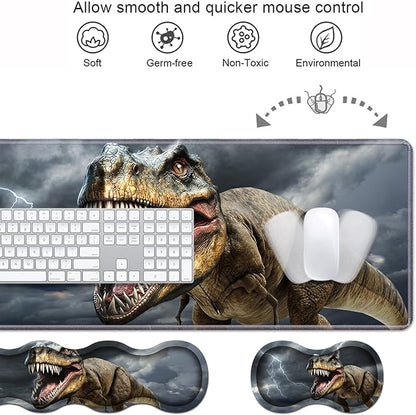 Ergonomic Keyboard Wrist Rest & Mouse Pad Wrist Rest Set, Large XXL Gaming Desk Mat 31.5"x 11.8" with Memory Foam, Easy Typing Pain Relief for Office & Home, Dinosaur