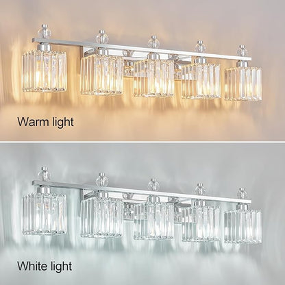 FDPBY Vanity Lights 5-Light Modern Crystal Vanity Light Chrome Bathroom Light Fixtures Over Mirror Crystal Bathroom Vanity Lighting Fixtures