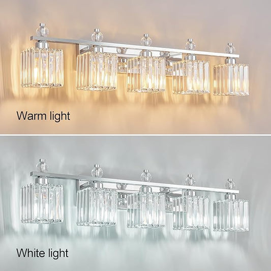 FDPBY Vanity Lights 5-Light Modern Crystal Vanity Light Chrome Bathroom Light Fixtures Over Mirror Crystal Bathroom Vanity Lighting Fixtures