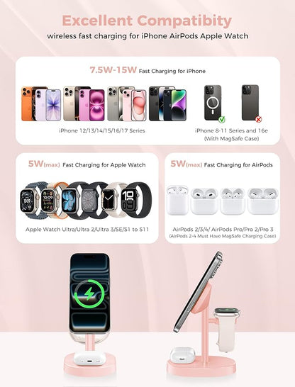 Hevanto 2025 3 in 1 Wireless Charging Station for Apple MagSafe Charger, 15W Fast Mag-Safe Charger Stand for iPhone 17 16 15 14 13 12 Apple Watch AirPods Compatible with MagSafe, Pink