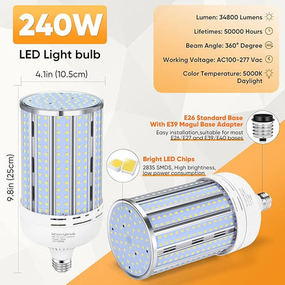XYCN 2 Pack 240W Corn LED Light Bulb Fanless,5000K Daylight(2400 Watt Equivalent) E26/E39 Large Mogul Base LED Cob Lamp 34,800LM for Outdoor Indoor Garage Warehouse Factory Workshop Street Backyard