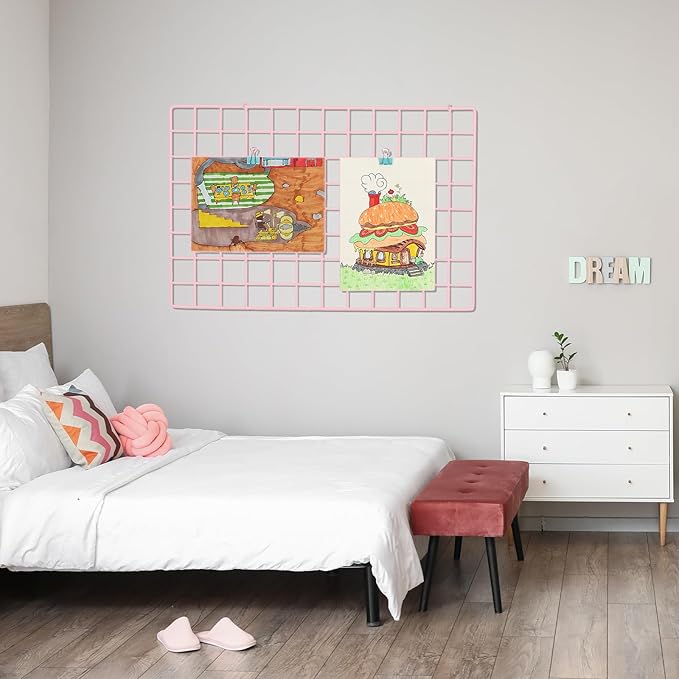 PATIKIL 16"x16" Wire Grid Panel, 2 Pack Board Photo Pictures Memo Display Grid Panels Hanging Organizer Wall Decorative Panel for Home Office Wedding, Pink
