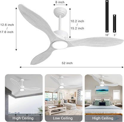 revoici 52 Inch White Ceiling Fan with Lights and Remote, Retro White Wood Low Profile Flush Mount Modern Ceiling Fan for Indoor Farmhouse Bedroom Living Room Outdoor Patio Porch, Reversible DC Motor