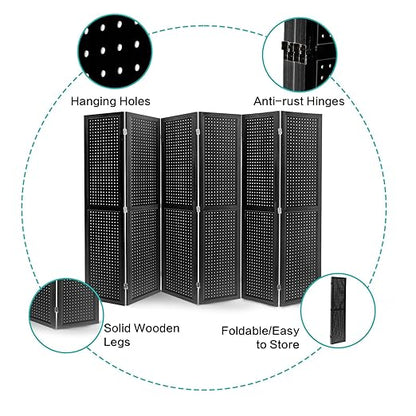 Babion 6 Panel Pegboard Display, Peg Board Room Divider Freestanding Folding Privacy Screens Display Stand for Craft Shows (Black)