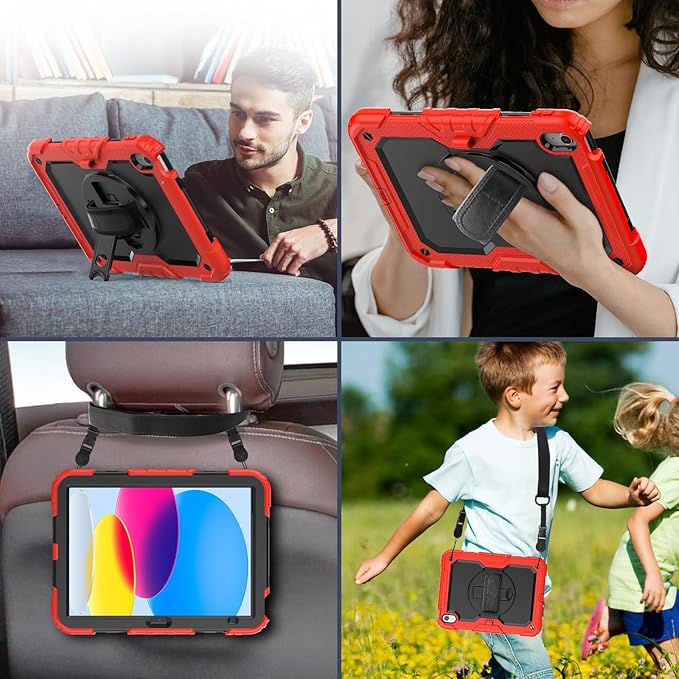 BLOSOMEET Case for iPad A16 11th/10th Generation 11''/10.9'' 2025/2022 with Tempered Glass Screen Protector & Pencil Holder, Rugged Military Grade Cover w/Stand Hand Shoulder Strap, Red