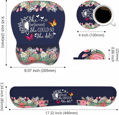 Mouse Pad Wrist Support and Keyboard Wrist Rest Set with Coasters, She Believed She Could So She Did Inspirational Quote with Non-Slip PU Base Ergonomic Mousepad for Computer Laptop Home Office