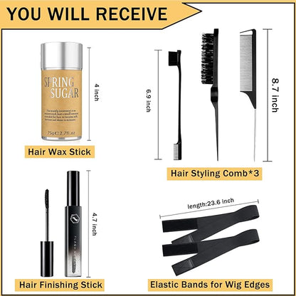 7 Pcs Hair Wax and Edge Control Set for Women - Flyaway Styling Products Includes Wax Stick, Hair Finishing Stick, Comb, Elastic Bands for Wig Edges