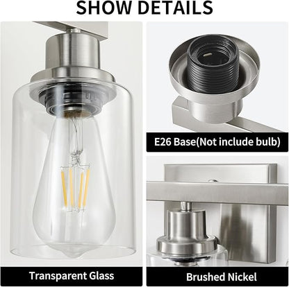 DIKAIDA 3-Light Bathroom Light Fixtures, Nickel Bathroom Vanity Light with Clear Glass Shade, Modern Bathroom Wall Lights Over Mirror, Farmhouse Wall Sconces Lighting for Bedroom Living Room