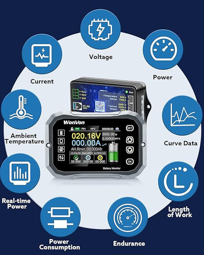 WonVon Battery Monitor with Shunt 400A 0V-120V Battery Monitor for RV Motorcycle Golf Cart Solar Panel with Screen,Capacity Percentage Time Power Voltmeter Display,Support High/Low Voltage