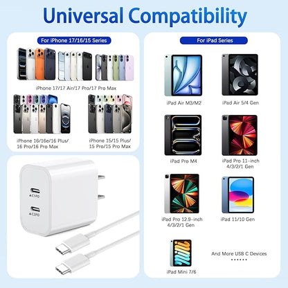 iPhone 17 Charger,2Pack Dual USB C Port Fast Wall Chargers Block with 3FT USB C to C Charger Fast Charging Cable Cord for iPhone 17/17 Pro Max/17 Pro/16 Pro Max/16 Plus/16E/15 Pro/15/iPad Pro/Air/Mini