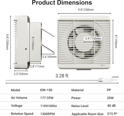 EINTTAX 8 Inch Wall Mounted Shutter Exhaust Fan with Automatic Shutter, 177 CFM Quiet Powerful Plug in Wall Exhaust Fan, Window Extractor Ventilation Fan for Bathroom, Attic, Garage, Shed, 25W, White