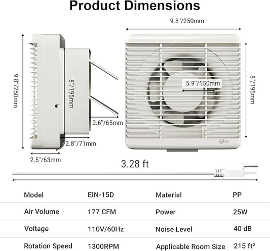 EINTTAX 8 Inch Wall Mounted Shutter Exhaust Fan with Automatic Shutter, 177 CFM Quiet Powerful Plug in Wall Exhaust Fan, Window Extractor Ventilation Fan for Bathroom, Attic, Garage, Shed, 25W, White