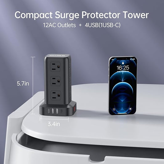 Surge Protector Power Strip Tower,10FT Extension Cord with Multiple Outlets, 12 AC 4 USB (1 USB C)，Mini Power Strip with USB Ports, Surge Protector Tower Overload Protection for Office, Desk