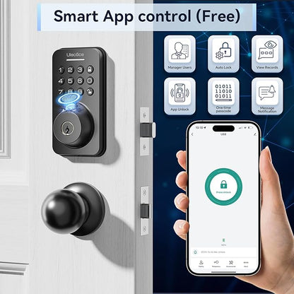 Ulecoce Fingerprint Keypad Deadbolt with Handle Set, Keyless Entry Door Lock, Door Locks for Front Door Lock Set, App Control, Auto Locking, Easy to Install, Matte Black