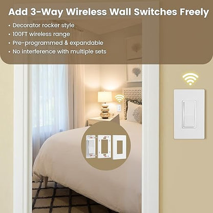 SURAIELEC 3 Way Wireless Light Switch, Remote Control Outlet, Decorator Rocker Wall Switch, 15 AMP, 100ft RF Range, No Wiring No WiFi, for Plug in Pendant Light, Lamp, Small Electrical Appliance