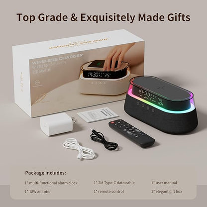 KUANGXIANG 6-in-1 Bluetooth Speaker Alarm Clock with Remote, 15W Fast Wireless Charger Portable Speaker, FM Radio & Dimmable LED Night Light, Snooze 12 24H Dual Digital Clock for Bedroom Home Office