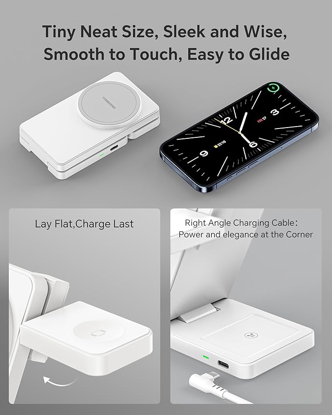 3 in 1 Charging Station for iPhone 16/15/14/13/12 Series, Wireless Charger for Apple Watch，Travel Magnetic Charging Stand for AirPods (White Grey)