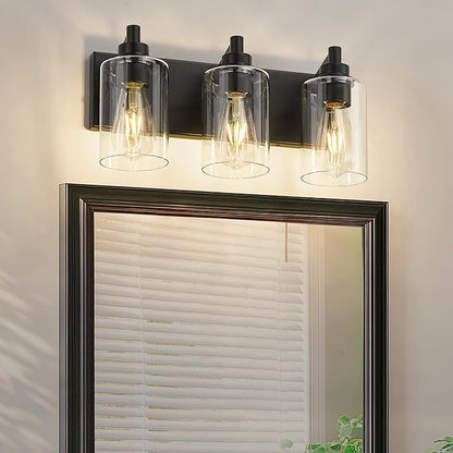 METWET 3-Light Bathroom Light Fixtures, Black Vanity Light with Cylinder Clear Glass Shade, Modern Vanity Lighting Fixtures Over Mirror, VL143-MB-3