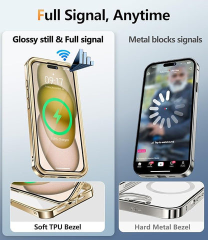 [360° Rotatable CD Stand & Built-in Privacy Screen Magnetic Case for iPhone 15 [Compatible with MagSafe & Full Signal] Mil-Grade Shockproof Full Body Anti-Spy Cover for 15-Gold