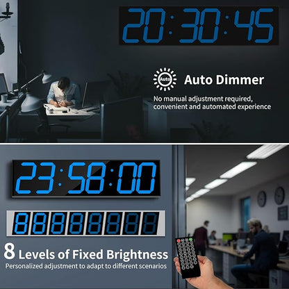 CHKOSDA 28.4''Large Digital Wall Clock,Automic Digital Clock with Alarm,Clendar and Termperature,Auto Time Sync with Easy Operation, Big Gym Timer with Countdown,Countup and Interval Workout(Blue)