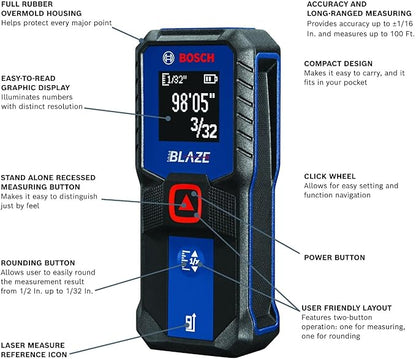 BOSCH GLM100-23 100 Ft Blaze Laser Distance Measure, Includes 2 AA Batteries