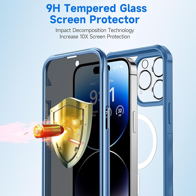 seacosmo for iPhone 14 Pro Max Case, Full Body Bumper with Built-in 9H Tempered Glass Privacy Screen Protector and Camera Lens Protector, Compatible with MagSafe, Shockproof Phone Case, 6.7", Blue