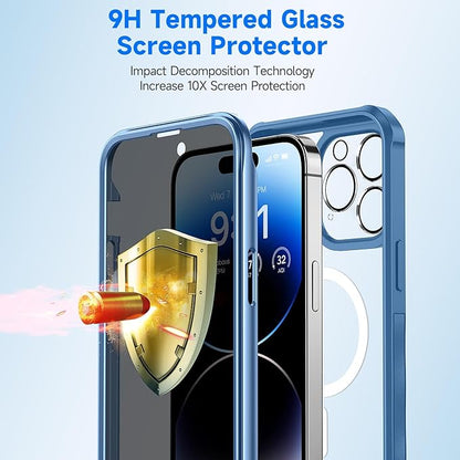 seacosmo for iPhone 14 Pro Max Case, Full Body Bumper with Built-in 9H Tempered Glass Privacy Screen Protector and Camera Lens Protector, Compatible with MagSafe, Shockproof Phone Case, 6.7", Blue