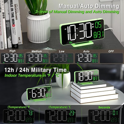 KOSUMOSU Small Digital Clock, 6.7in Alarm Clocks for Bedrooms, Auto Dimming, Room Temperature, Day of The Week, Seconds, Date, Desk Clock for Bedroom, Digital Clocks for Living Room