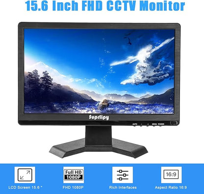 Suprlipy 15.6 inch FHD Small IPS Monitor LCD Display Screen 1920x1080 60Hz 16:9 with BNC VGA AV Input Built-in Lounspeakers for CCTV Security Camera DVR PC RasPi