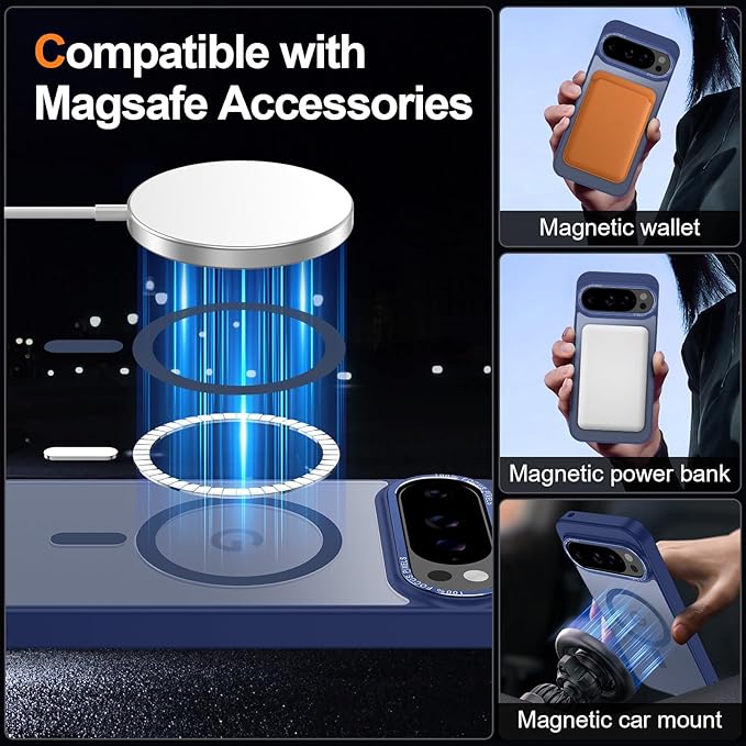 Magnetic for Google Pixel 9/Pixel 9 Pro Case, [Military Grade Drop Protection] [Compatible with MagSafe] Shockproof Slim Translucent Matte Anti-Slip for Women Girls Men Case, Dark Blue