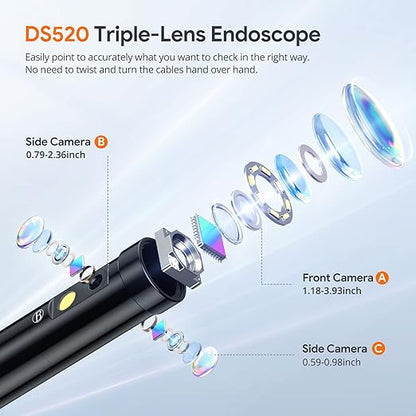Triple Lens Endoscope Camera with Light with 50FT Semi-Rigid Cable, DEPSTECH 5" IPS Screen Sewer Inspection Camera, 1080P Industrial Borescope, Split Screen, Waterproof Drain Pipe Tool, Carrying Case