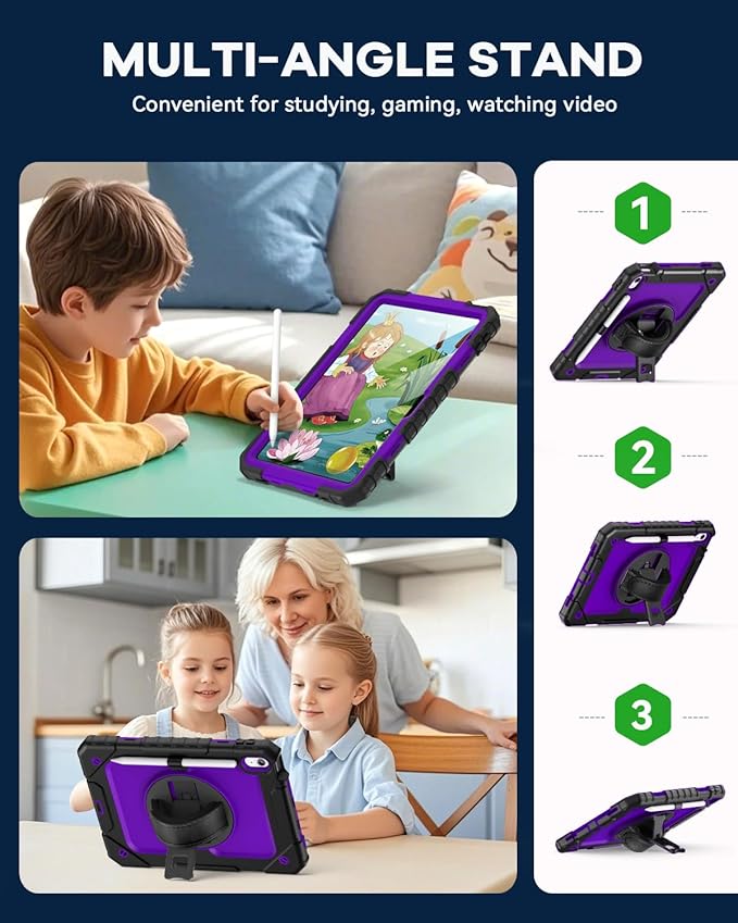 Cantis Case for iPad 11-inch (A16) 2025/ iPad 10th Generation 2022 (10.9 inch) with Screen Protector, iPad 11th Case with 360 Degree Rotating Stand/Shoulder Strap/Pencil Holder, Black+Dark Purple