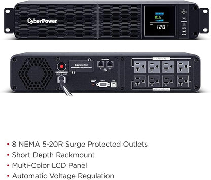 CyberPower CP2000PFCRM2U PFC Sinewave UPS Battery Backup and Surge Protector, 2000VA/1200W, 8 Outlets, AVR, Short Depth 2U Rackmount, UL Certified