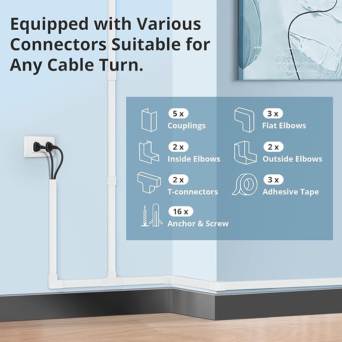 Cord Covers for Wires on Wall Extra-Long, 26.25ft TV Cord Hider Kit, Paintable Cable Management Concealer, White Cord Raceway Channel, 8 x L39in x W0.95in x H0.55in