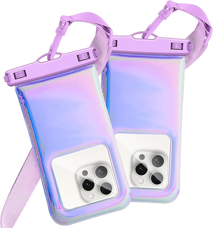 Floatable Waterproof Phone Pouch Case for iPhone 16 Pro Max/15/14/13/12, IP68 Travel Cellphone Dry Bag Beach Cruise Ship Essentials Bags with Crossbody Lanyard, Iridescent Purple-7″2 Pax