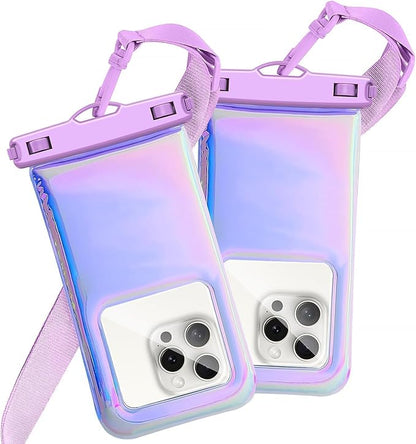 Floatable Waterproof Phone Pouch Case for iPhone 16 Pro Max/15/14/13/12, IP68 Travel Cellphone Dry Bag Beach Cruise Ship Essentials Bags with Crossbody Lanyard, Iridescent Purple-7″2 Pax