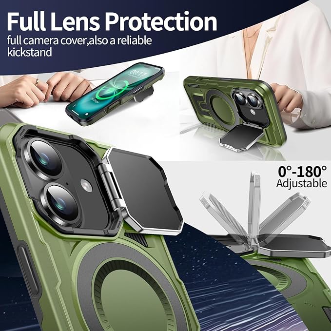 Camera Stand Case for iPhone 16 Plus, [Compatible with Mag Safe] [Lens Cover] 2024 Version Military Grade Protective Soft Case for iPhone 16 Plus 6.7 inch Men Women,Green