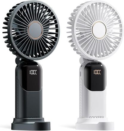 GOCKERA Portable Fan, 4200mAh Battery Operated Fan, 5 Speeds&Digital Display, Makeup Fans for Women with Base, 180°Foldable 3in1 Handheld/Neck/Desk Fan for Outdoor Indoor,Ultra Quiet (Black white)