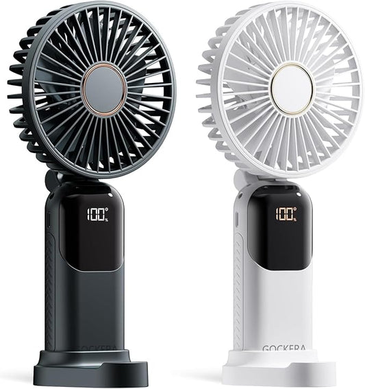 GOCKERA Portable Fan, 4200mAh Battery Operated Fan, 5 Speeds&Digital Display, Makeup Fans for Women with Base, 180°Foldable 3in1 Handheld/Neck/Desk Fan for Outdoor Indoor,Ultra Quiet (Black white)