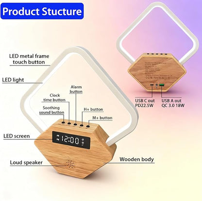 Wood Sunrise Alarm Clock with White Noise Machine 3 Color Night Light 15 Soothing Sounds Sleep Aid 30/60/90min Timer 10 Alarm Ringtones USB C PD Phone Charger Anniversary Birthday Gifts for Women Men