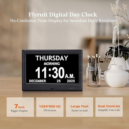 7'' Dementia Clock For Seniors, Large Display Digital Clock With Date, Time, Day Of Week for Elderly, Alzheimer, 1024*600P HD, 10 Reminders & 7 Alarms, Auto Dimming & DST, Remote Control, Woodgrain