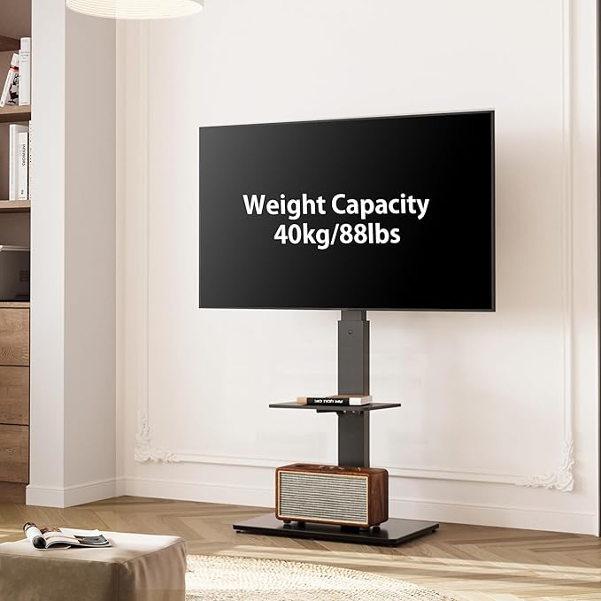 FITUEYES Swivel Floor TV Stand with Mount for TVs 37 43 50 55 60 65 70 75 Inch LCD LED Flat/Curved Screens Universal Swivel Televisions TV Mount Stand for Bedroom Living Room Black Tempered Glass Base