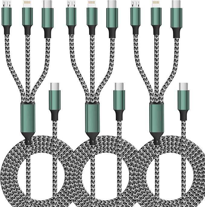 USB C Multi Charging Cable, (3 Pack 4FT), 3 in 1 Charging Cable Nylon Braided Universal Charger Cable with Type-C, Micro USB,IP Port for iPhone16/15 Series/Cell Phones & Pads and Other Devices