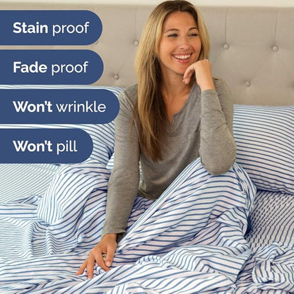 RV Short Queen Sheet Set 60 X 75 - 4 Piece RV Short Queen Bed Sheets - Soft, Breathable & Cooling - Designed for Bunks, Trailers & Campers - Fits 8” to 12" Mattress - Luxury Bedding - Blue Stripes 2